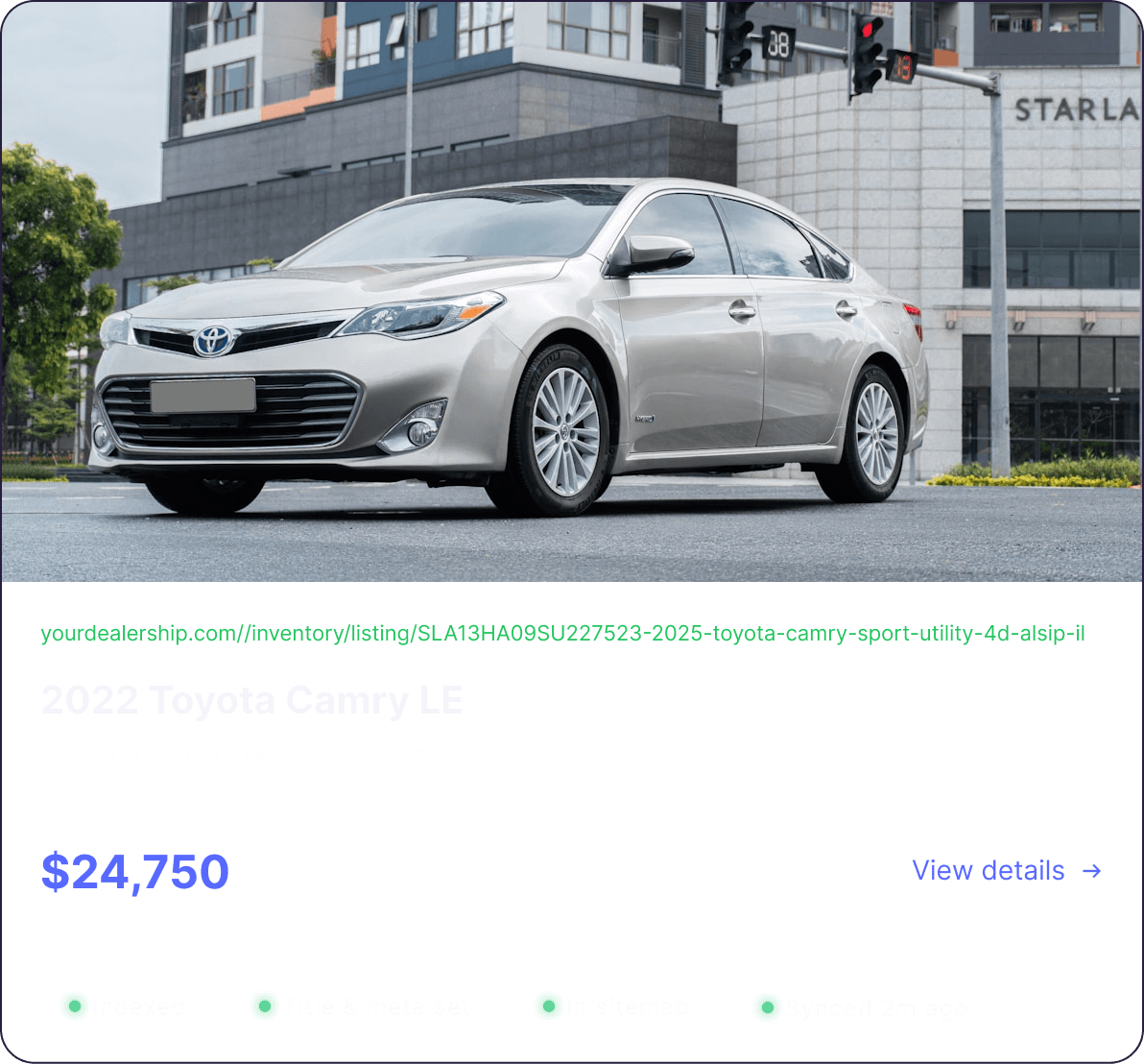 Vehicle detail page for a 2022 Toyota Camry LE with live SEO status