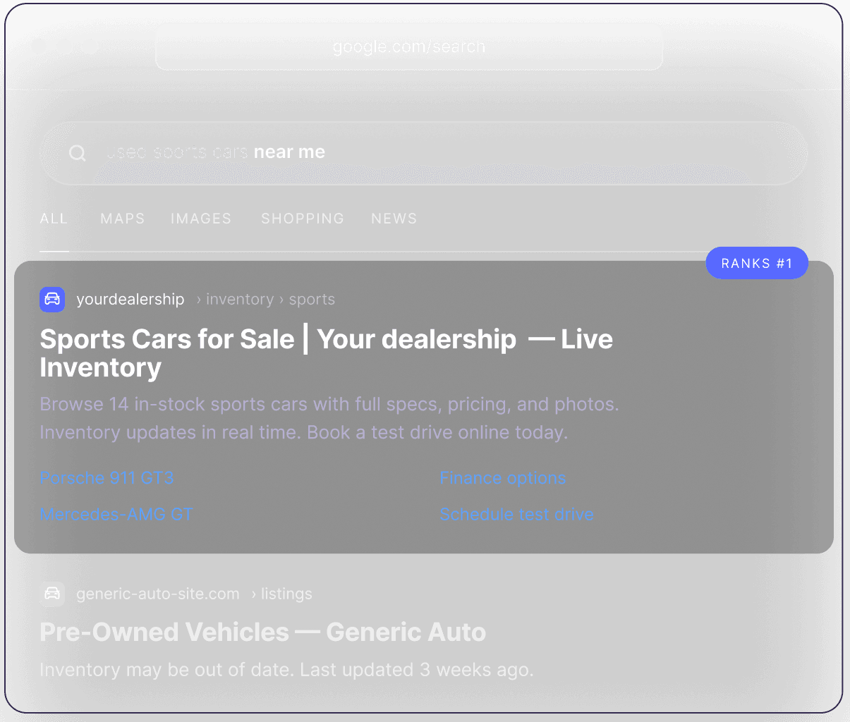 Google search result ranking a dealership's live inventory #1